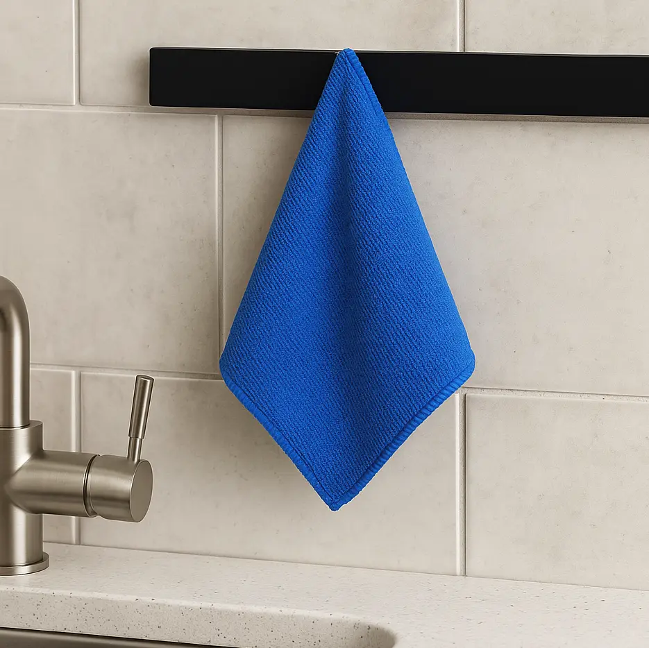 Blaues Mikrofasertuch hängt magnetisch an einer Küchenleiste