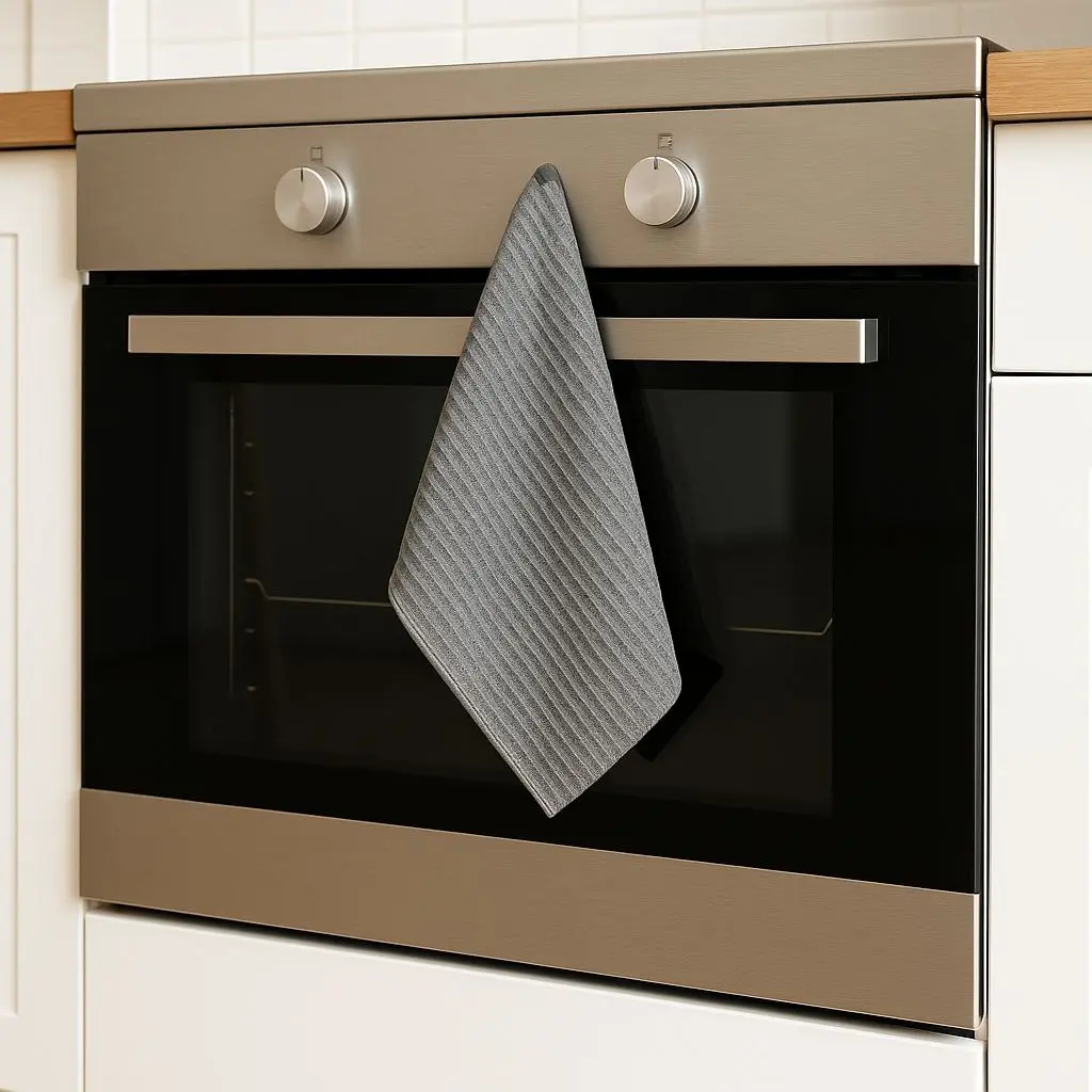 Graues magnetisches Handtuch an einem Backofen